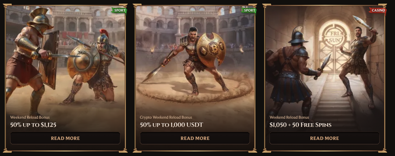 Cartes de bonus de rechargement du week-end Lanista Casino montrant différents pourcentages