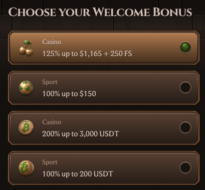 Lanista Casino welcome bonus selection screen showing four offer options