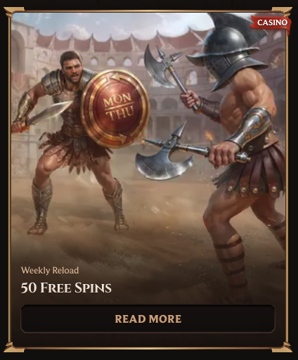 Lanista Casino Weekly Reload promotion card offering 50 free spins
